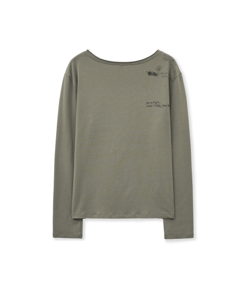 BOAT NECK GRAPHIC LONG SLEEVE T-SHIRT-BEIGE