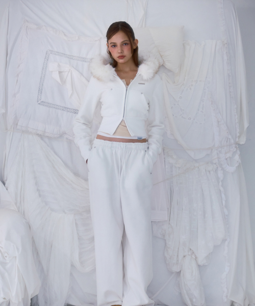 Fur Slim Rivet Hood Zip-up [Ivory]