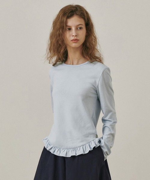 Ruffle мягкий round neck T-рубашка SKYBLUE