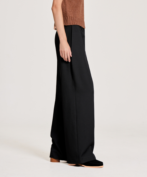 ONE-TUCK SIDE BUTTON WIDE SLACKS, BLACK