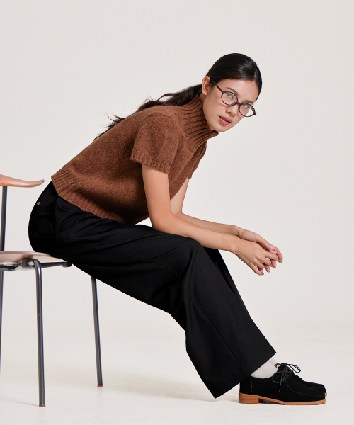 ONE-TUCK SIDE BUTTON WIDE SLACKS, BLACK
