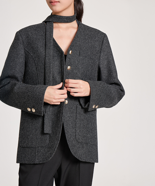 V-NECK SCARF WOOL HALF JACKET, CHARCOAL