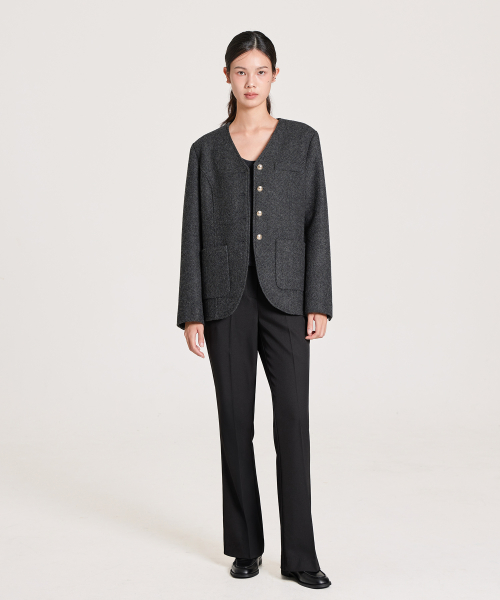 V-NECK SCARF WOOL HALF JACKET, CHARCOAL