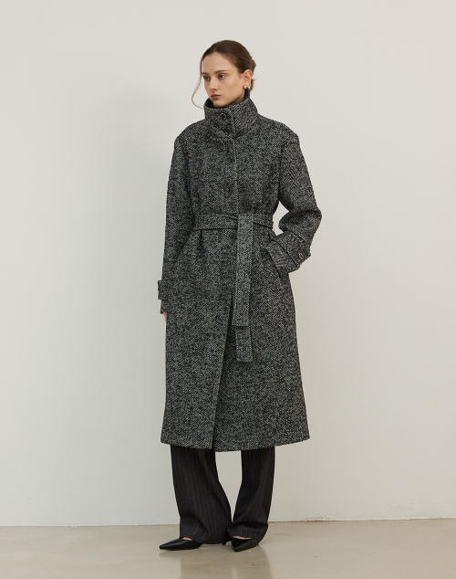 Длинное шерстяное пальто HERRINGBONE WOOL LONG COAT