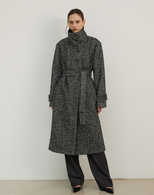 Длинное шерстяное пальто HERRINGBONE WOOL LONG COAT