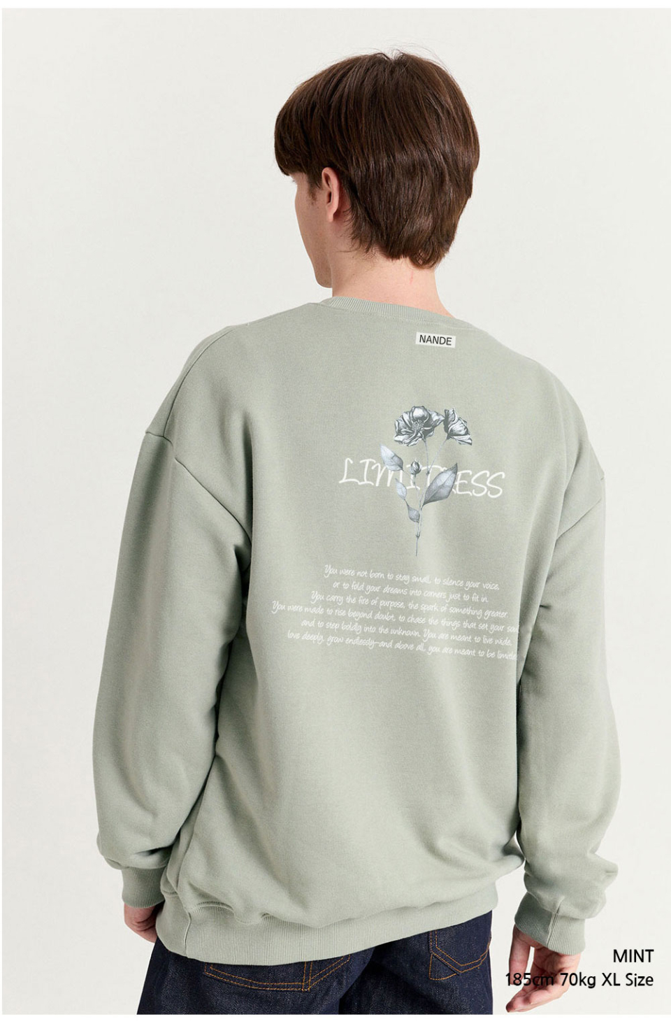 민트색상 장미그림이 등판에 찍혀있는 맨투맨을 입은 남자 사진