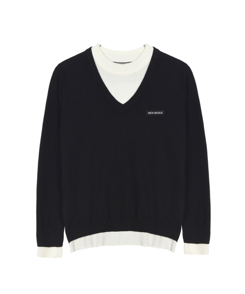 LAYERED ROUND V NECK KNIT_BLACK