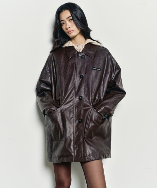 MIDI HALF LEATHER PADDING JACKET_BROWN
