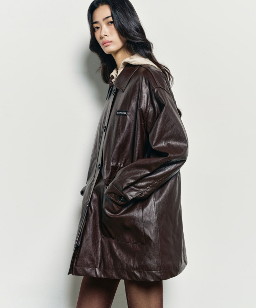 MIDI HALF LEATHER PADDING JACKET_BROWN