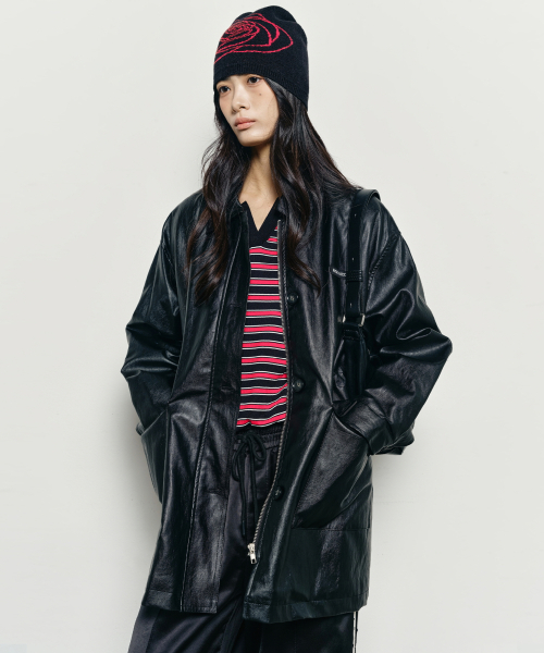 MIDI HALF LEATHER PADDING JACKET_BLACK