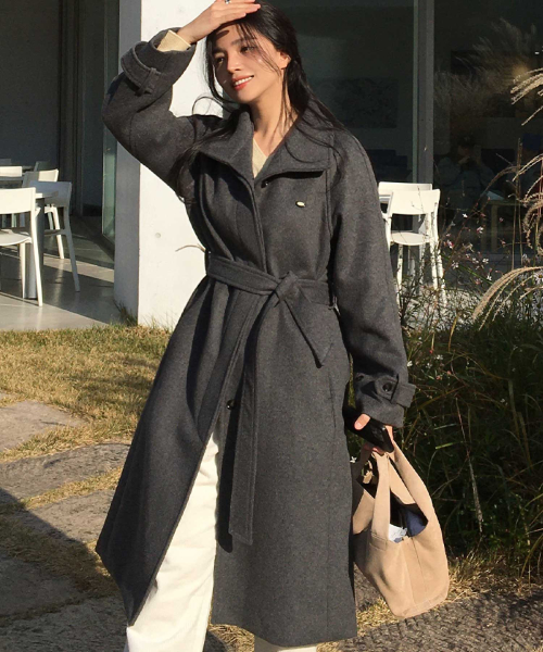 High-Neck Belted Raglan Wool Coat - Charcoal