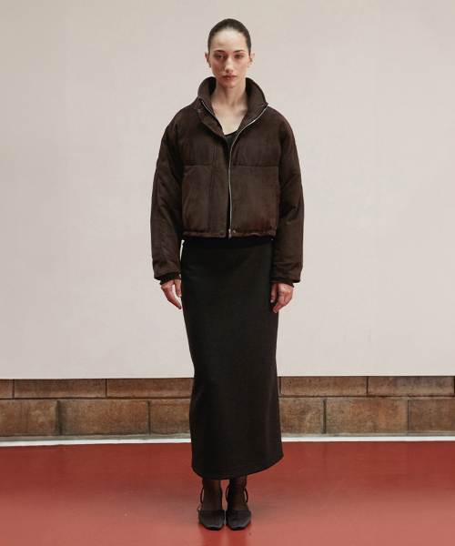 Suede Cropped Puffer Jacket_Deep brown
