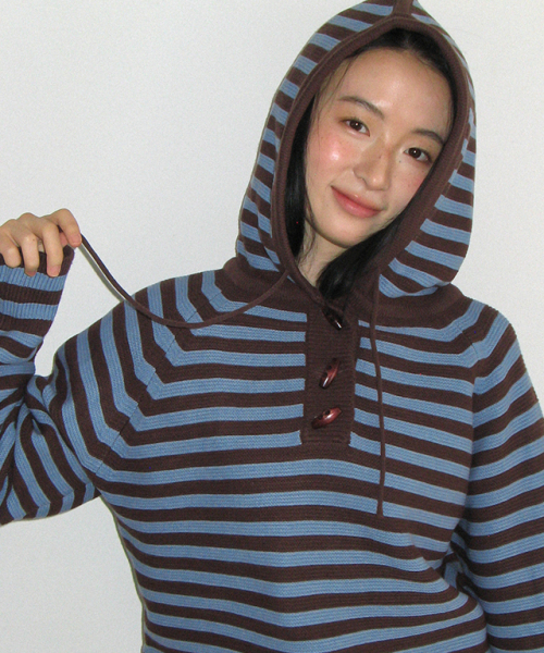 TOGGLE WAFFLE KNIT HOODIE BLUE STRIPE
