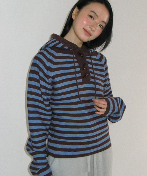 TOGGLE WAFFLE KNIT HOODIE BLUE STRIPE