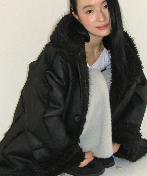 FUR HOODED BUTTON FAUX SUEDE COAT BLACK