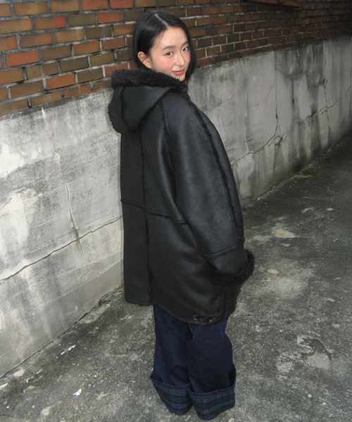 FUR HOODED BUTTON FAUX SUEDE COAT BLACK