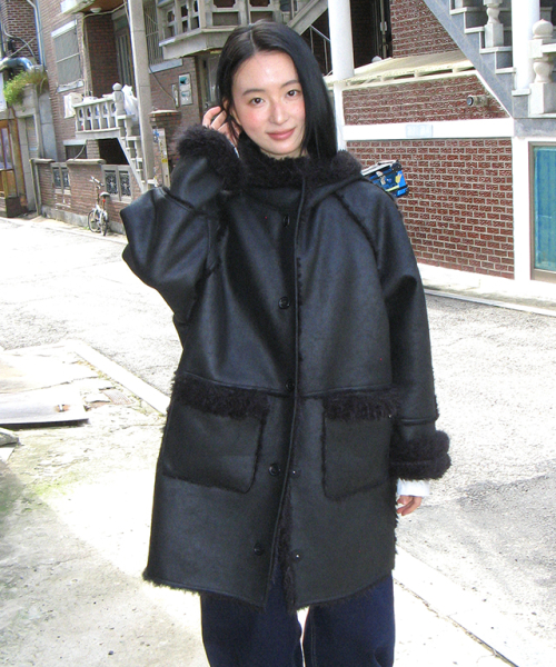 FUR HOODED BUTTON FAUX SUEDE COAT BLACK
