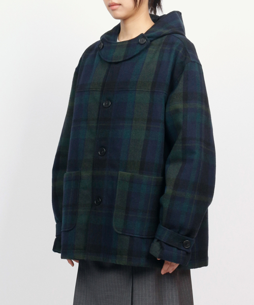 Tartan Hooded Coat - Navy