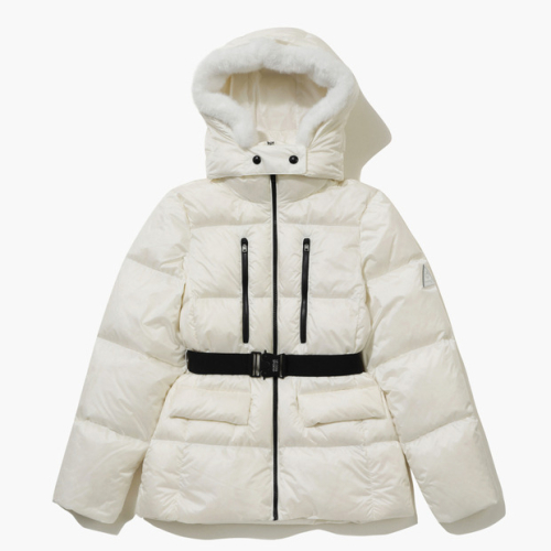 Женский пуховик средней длины с меховым капюшоном_CREAM GQ422LDJO5