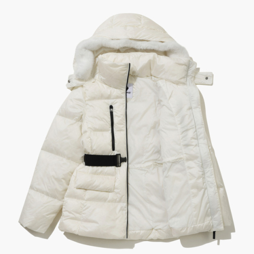 Женский пуховик средней длины с меховым капюшоном_CREAM GQ422LDJO5