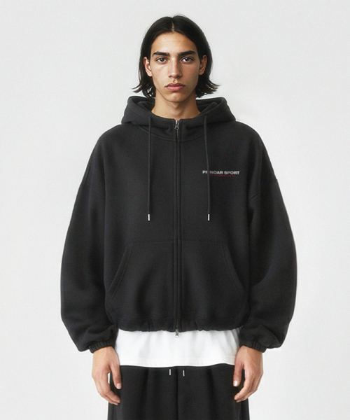 SPORT STRING OVERSIZE HOODED ZIP UP - BLACK
