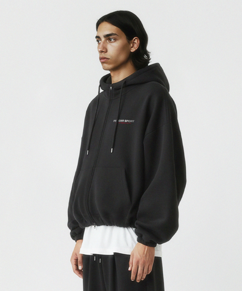 SPORT STRING OVERSIZE HOODED ZIP UP - BLACK