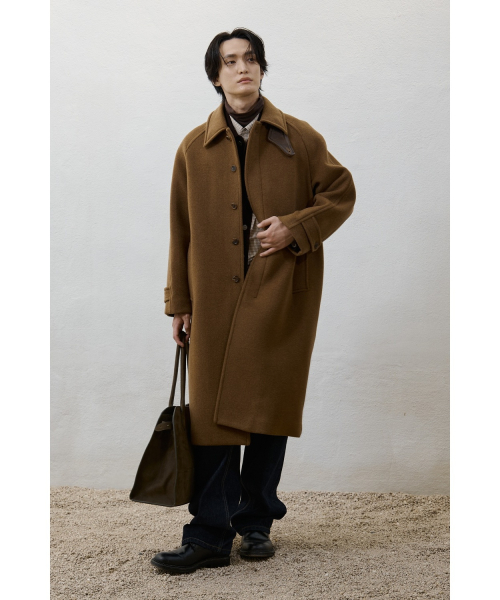 Leather Trim Mac Coat - Camel
