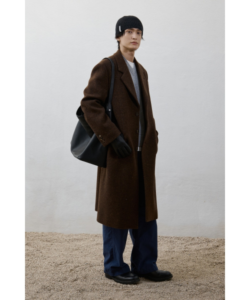 Leather Trim Chesterfield Coat - Herringbone Brown