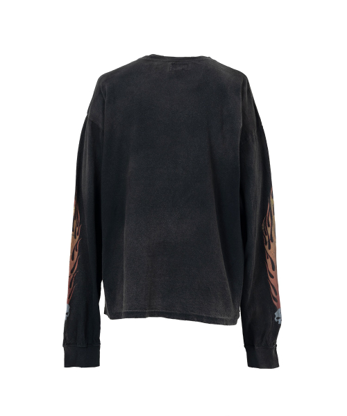 “Skull Flame”Distressed L/S Tee - BLACK