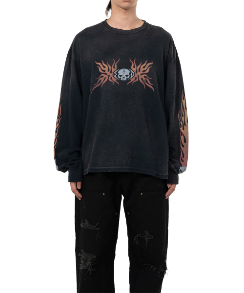 “Skull Flame”Distressed L/S Tee - BLACK