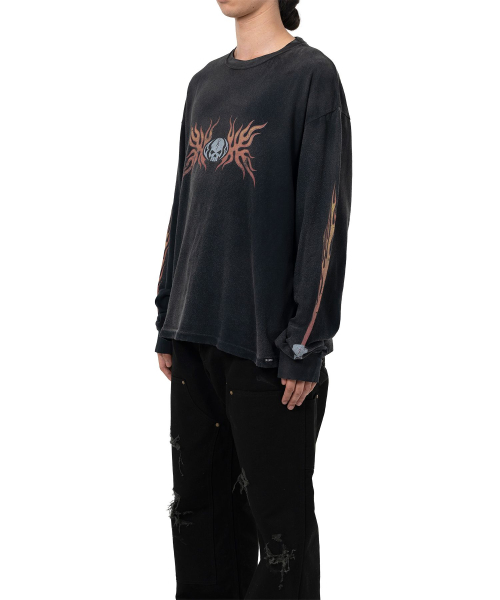 “Skull Flame”Distressed L/S Tee - BLACK