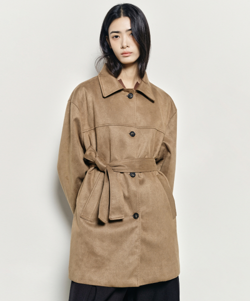 SUEDE BELTED HALF COAT_CARMEL