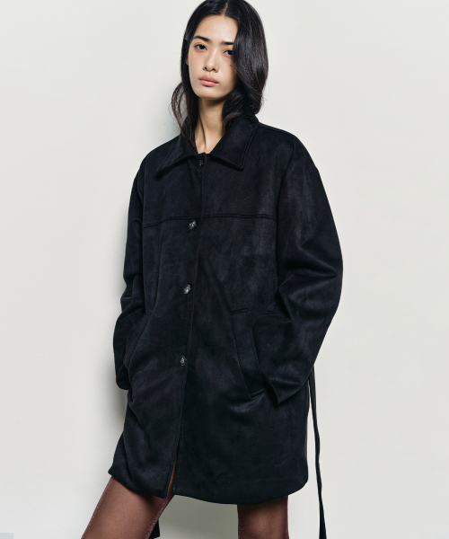SUEDE BELTED HALF COAT_BLACK