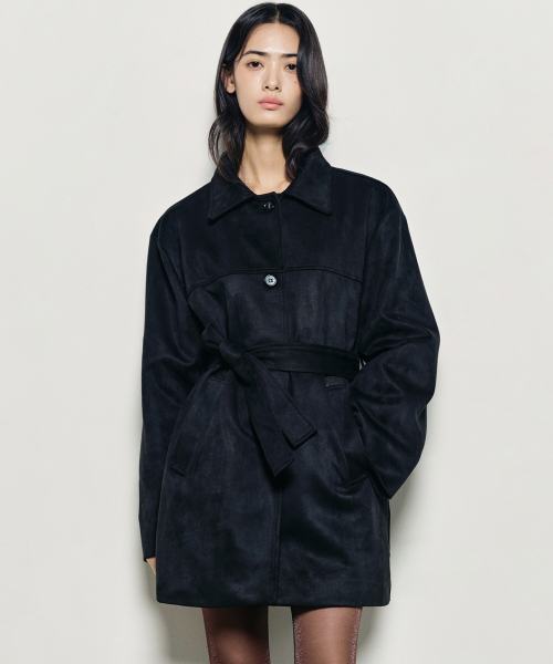 SUEDE BELTED HALF COAT_BLACK