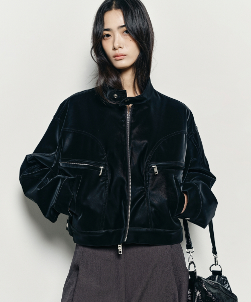 SATIN LEATHER CROP BLOUSON JACKET_BLACK