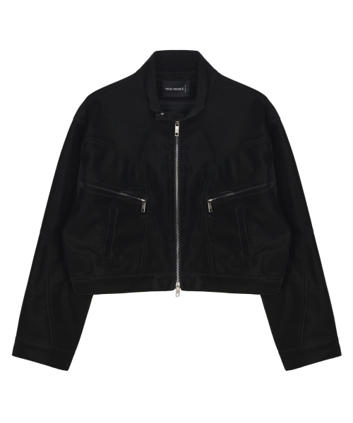 SATIN LEATHER CROP BLOUSON JACKET_BLACK