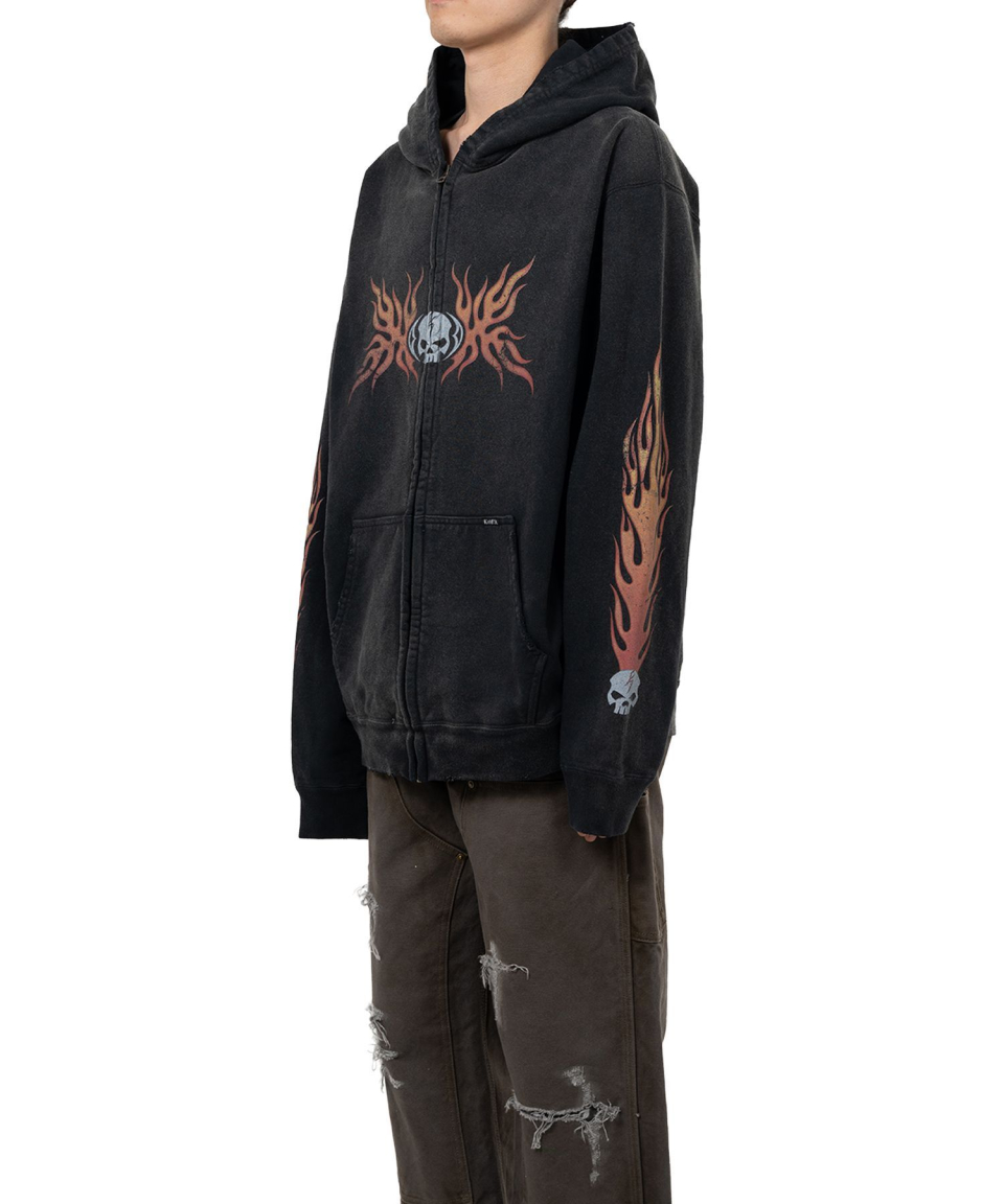 카미야(KAMIYA) “Skull Flame”Distressed Zip Hoodie - BLACK - 사이즈