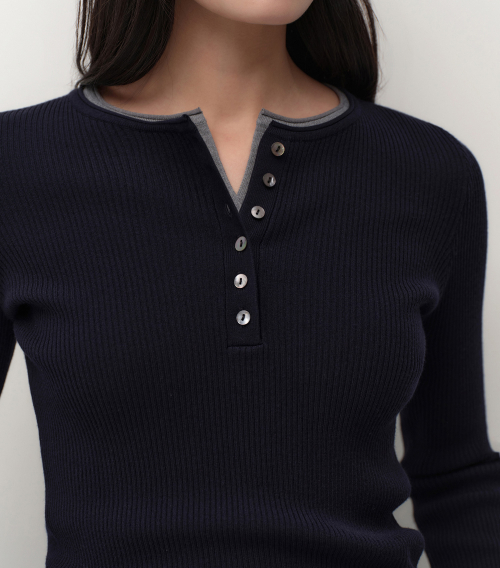 Women's Ribbed Slim Henry Neck Knit [Navy] thumbnail 4