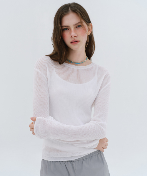 Women's Linen Blend Ribbed Sheer Knit [White] thumbnail 3