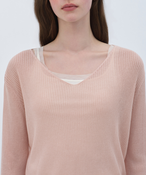 Women's Linen Blend Ribbed V-Neck Sheer Knit [Indian Pink] thumbnail 4