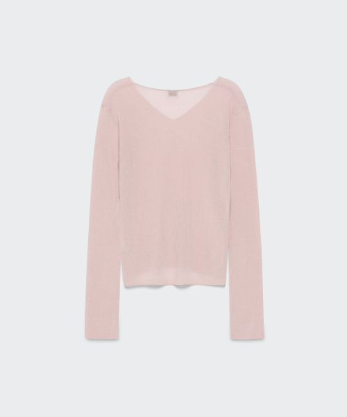 Women's Linen Blend Ribbed V-Neck Sheer Knit [Indian Pink] thumbnail 6