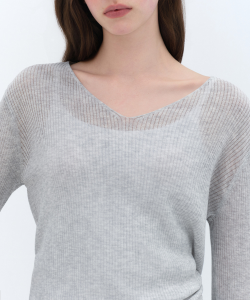 Womens Linen Blend Ribbed V-Neck Sheer Knit [Melange Light Gray] thumbnail 4