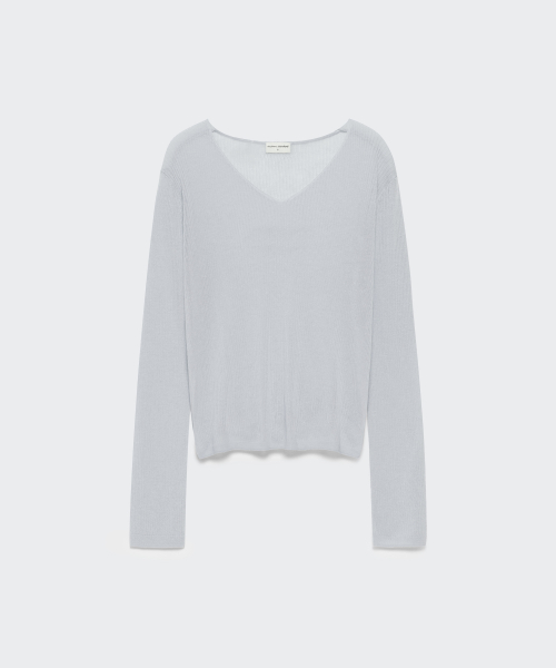 Женский полупрозрачный джемпер из льна в рубчик с V-вырезом [Melange Light Grey]