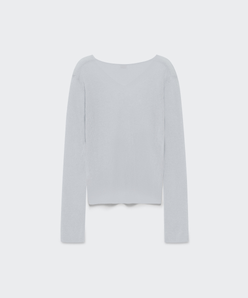 Womens Linen Blend Ribbed V-Neck Sheer Knit [Melange Light Gray] thumbnail 6
