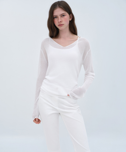 Womens Linen Blend Ribbed V-Neck Sheer трикотаж [White]