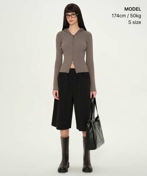 Women's Ribbed Slim Hooded Knit Zip-Up [Taupe] thumbnail 2
