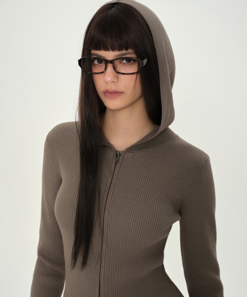 Women's Ribbed Slim Hooded Knit Zip-Up [Taupe] thumbnail 3