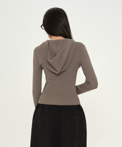 Women's Ribbed Slim Hooded Knit Zip-Up [Taupe] thumbnail 4