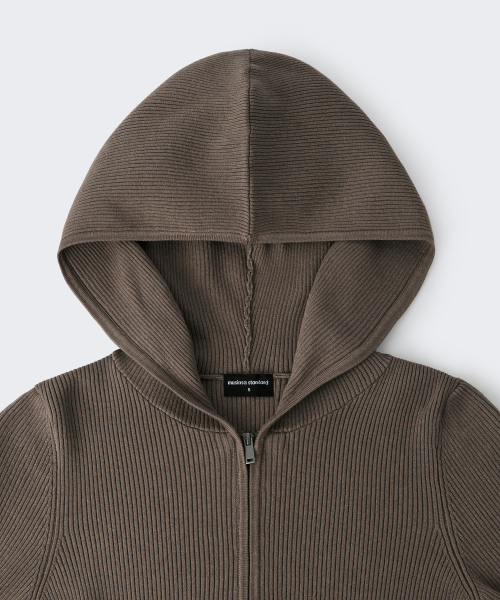 Women's Ribbed Slim Hooded Knit Zip-Up [Taupe] thumbnail 5