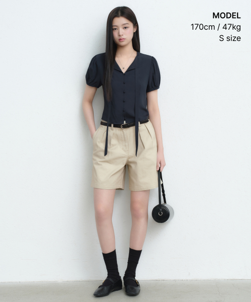 Womens Puff Sleeve Tie блузка [Dark Navy]